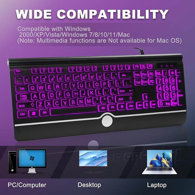 Large Print Backlit Computer Keyboard, 7-Color Backlit Keyboard with Wrist Rest, USB Plug-and-Play, Oversize Letters Keys Easy to See and Type, Wired Light Up Keyboards for Laptop, PC, Gaming