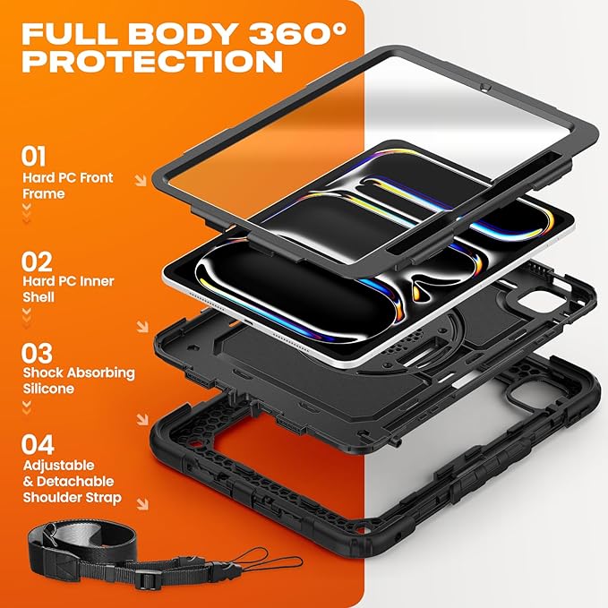 SEYMAC stock Case for iPad Pro 11-inch M5-M4 2025-2024, Shockproof Heavy Duty Case with Screen Protector, Pencil Holder, Rotating Stand, Hand Strap, Shoulder Strap, Black