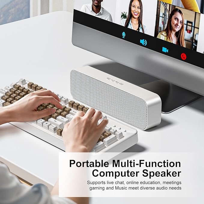 Computer Speaker for Desktop,Rechargeable PC Speaker,Small Computer Soundbar with Stereo & Bass,3.5mm Aux-in,Bluetooth,TF Port,Loud Volume for Web Conferences,Teacher,Music (White)