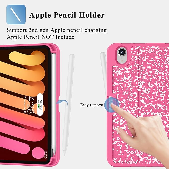 Supveco Case for iPad mini 7 (A17 Pro) 2024/iPad Mini 6 2021 8.3 Inch with Pencil Holder-[Auto Wake/Sleep],Slim Protective Case with Soft TPU Back Cover for iPad mini 7th/6th Generation-HotPink