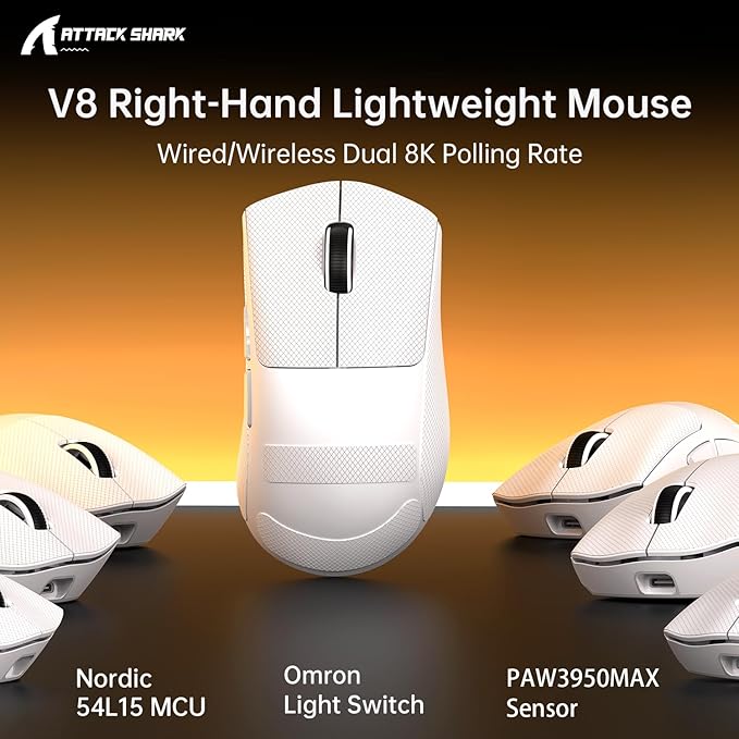 MAMBASNAKE ATTACKSHARK V8 Wireless Ultralight Gaming Mouse with 8K Polling,42000 DPI,Nordic54L15 MCU Chip,PAW3950 Max Sensor-Wired/BT/2.4Ghz,400Hrs Long Battery,Programmable for PC Mac FPS(White+Tape)