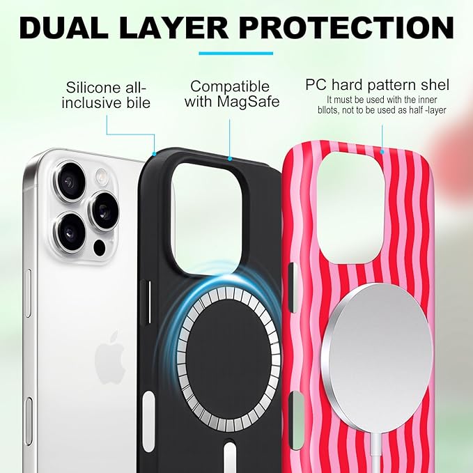 Magnetic for iPhone 16 Pro Max Case Cute Wavy Stripes Phone Case, Shockproof Slim TPU and Hard PC Protective Phone Cover Compatible with MagSafe Designed for Women Girls, Red