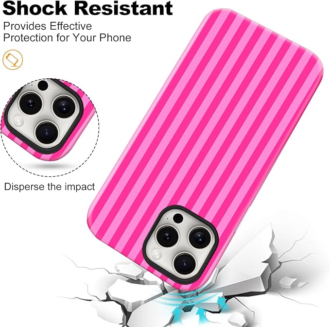Magnetic for iPhone 12/12P Case Cute Stripes Phone Case, Shockproof Slim TPU and Hard PC Protective Phone Cover Compatible with MagSafe Designed for Women Girls, Deep Pink