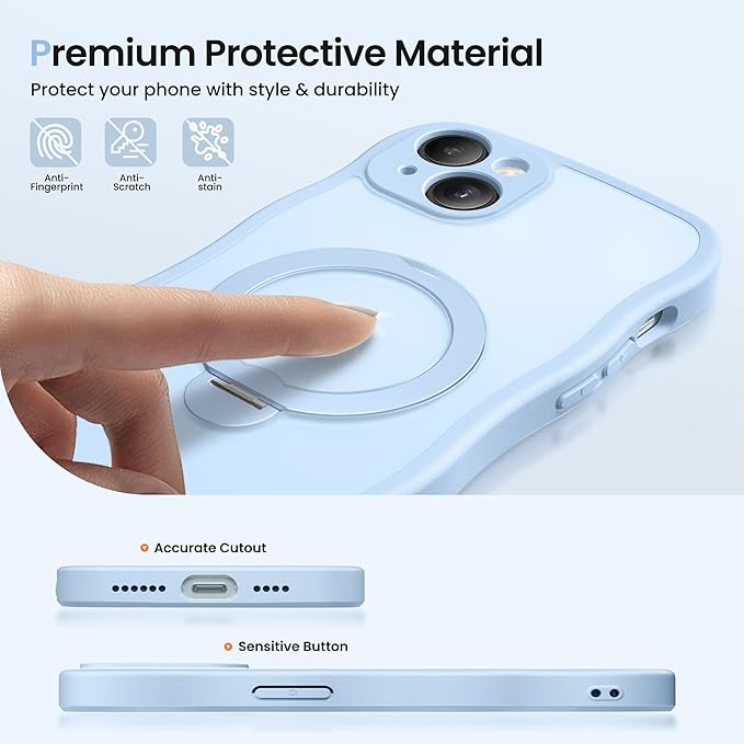 CAPRARO for iPhone 15 Case with 360° Spin Magnetic Stand for Women, [Compatible with MagSafe] [Full Camera Protection] Cute Wave Translucent Matte Case for iPhone 15, Sky Blue