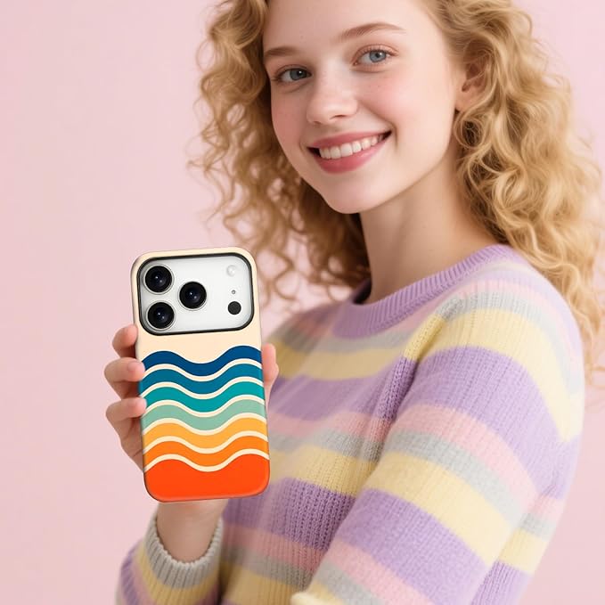 Magnetic for iPhone 17 Pro Case Cute Stripes Phone Case, Shockproof Slim TPU and Hard PC Protective Phone Cover Compatible with MagSafe Designed for Women Girls,Retro Wave