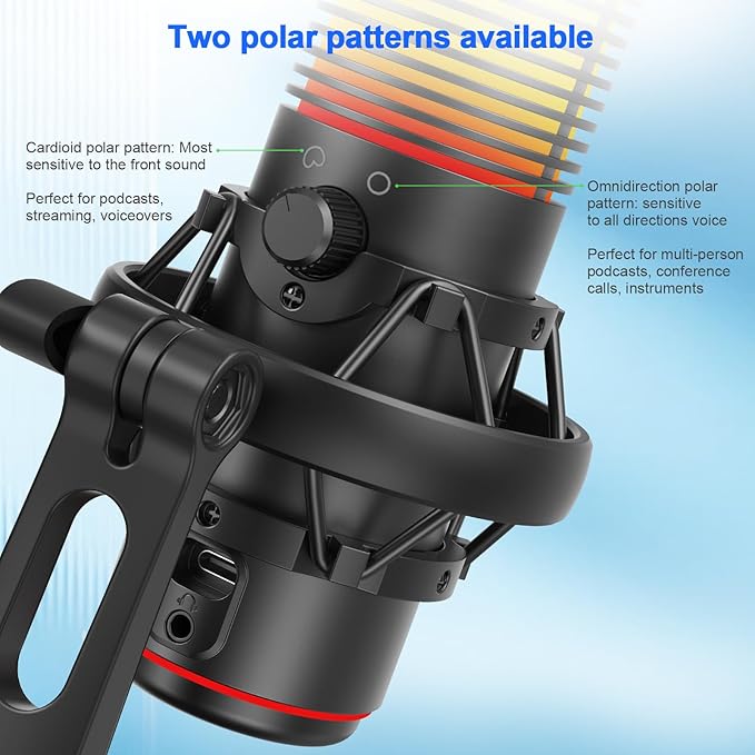USB Gaming Microphone, 192kHz/24bit, Cardioid Condenser Microphone for Computer, Streaming Mic with RGB Light, Mute Button, Headphone Jack, Volume Control, Perfect for Xbox, Recording, Singing