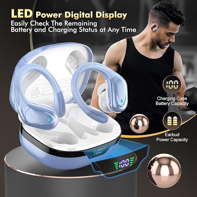 HAOYUYAN Wireless Earbuds, Bluetooth Headphones, Ear Buds with 80hr Playtime, LED Power Display, Noise Canceling, LED Power Display, IPX7 Waterproof Earphones for Gym/Workout/Sport（Blue）
