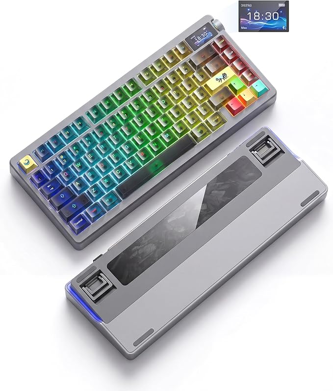 Aula NOVA75 Wireless Mechanical Keyboard,75% Gasket Mount Tri-Mode Custom Keyboard with 1.14" Smart TFT Screen & Knob,Carbon Fiber Style,8000mAh,Hot Swap Dream Sakura Switch,Transparent Black