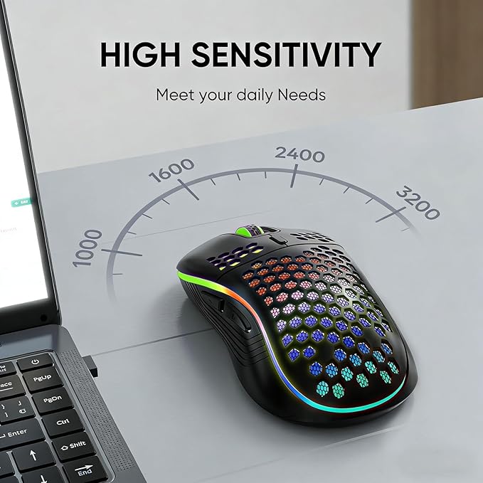 MELOGAGA Wireless Gaming Mouse Honeycomb 2.4G USB Cordless Mouse RGB Rechargeable PC Game Mice with 7-Color LED Lights，4 Adjustable DPI for Windows Laptop Desktop Computers (Black)