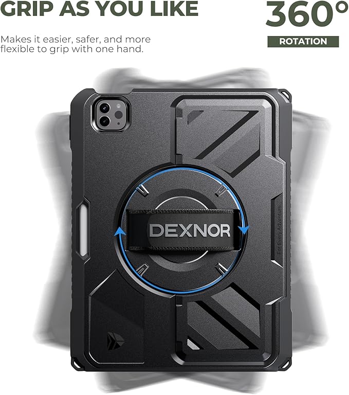 Dexnor Case for iPad Pro 11 inch 4th/3rd/2nd/1st Gen (2022/2021/2020/2018),Rugged Protective Case with 360° Rotating Hand Strap & Stand & Screen Protector & Pencil Holder Shockproof Bumper Cover,Black