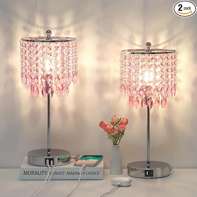 Pink Crystal Lamps, Touch Control Crystal Table Lamp with Dual USB Charging Ports, 3 Way Dimmable Bedside Lamp Decorative Nightstand Lamp for Girls Bedroom, Living Room, B11 LED Bulb Included