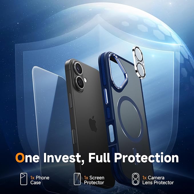 Magnetic 3 in 1 for iPhone 17 Case, [Omni-Directional Protection] with 1x Screen Protector + 1x Camera Cover, [Seamless Work with Magsafe] Translucent Protective Silm Phone Case for iPhone 17 Blue