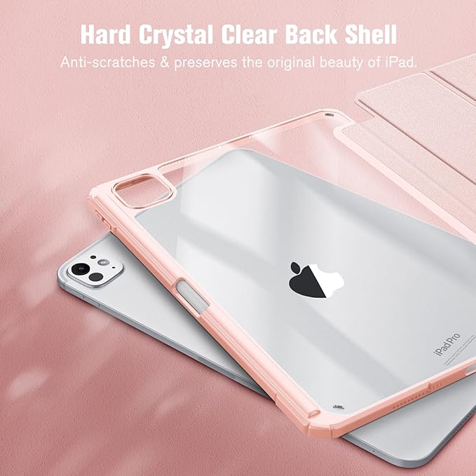 Fintie Hybrid Slim Case for iPad Pro 11-inch (M5) 2025 / (M4) 2024 - [Built-in Pencil Holder] Shockproof Protective Cover with Clear Transparent Back Shell, Rose Gold
