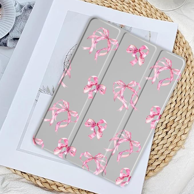 JOYLAND Elegant Bow Pattern Case for iPad Pro 12.9" 6th/5th/4th/3rd Generation (2022/2021/2020/2018), Clear Transparent Acrylic Hard Back Grey Case with Pencil Holder Trifold Stand Tablet Cover