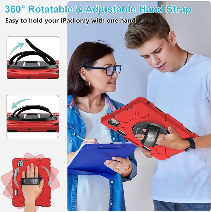 Case for iPad Pro 11 M5 2025/ M4 2024: Protective Cover for iPad Pro 11 Inch 5th Generation with Screen Protector- Stand- Handle- Shoulder Strap- Pencil Holder-Black+Red