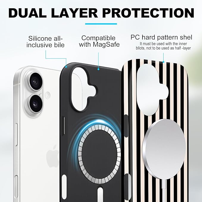 Magnetic for iPhone 16 Case Cute Stripes Phone Case, Shockproof Slim TPU and Hard PC Protective Phone Cover Compatible with MagSafe Designed for Women Girls, Black and White