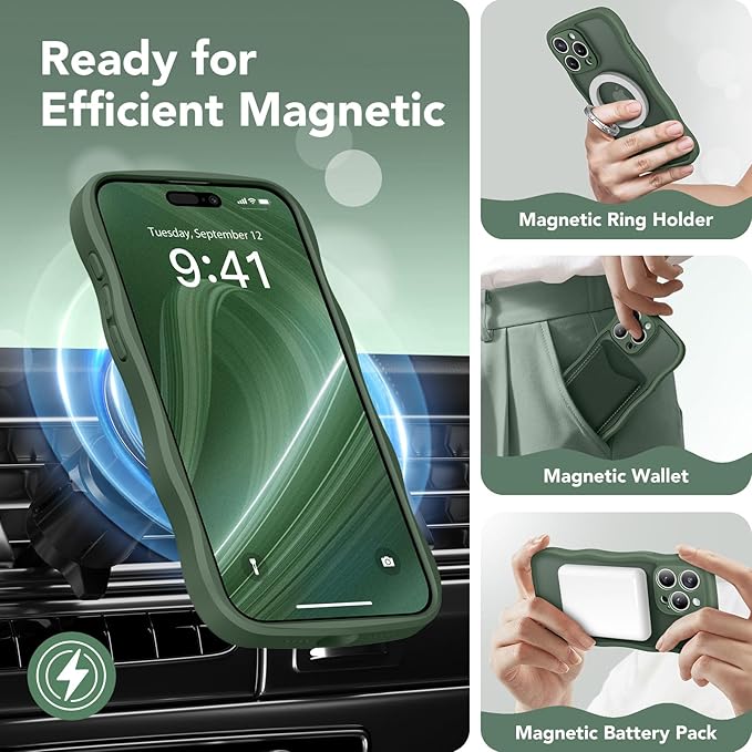CAPRARO Cute for iPhone 15 Pro Max Case, Compatible with MagSafe, [Curly Wave Edge] [Full Camera Protection] [14 FT Drop Protection] Magnetic Phone Case for 15 Pro Max 6.7 Inch, Deep Green