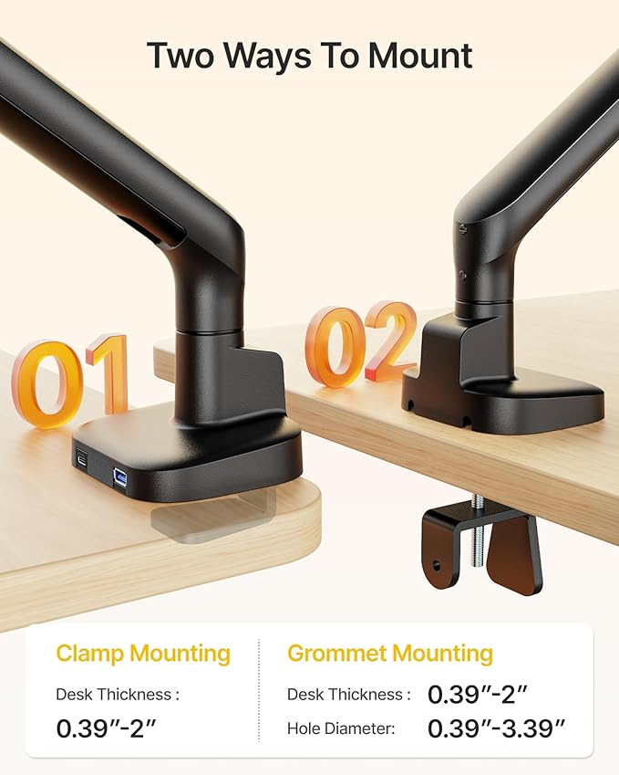 monTEK Single Monitor Arm with USB, Mechanical Spring Monitor Arm for 17-40" Screens, Adjustable Monitor Desk Mount Holds up to 26.4 lbs with C Clamp/Grommet Desk Mount, VESA 75/100mm