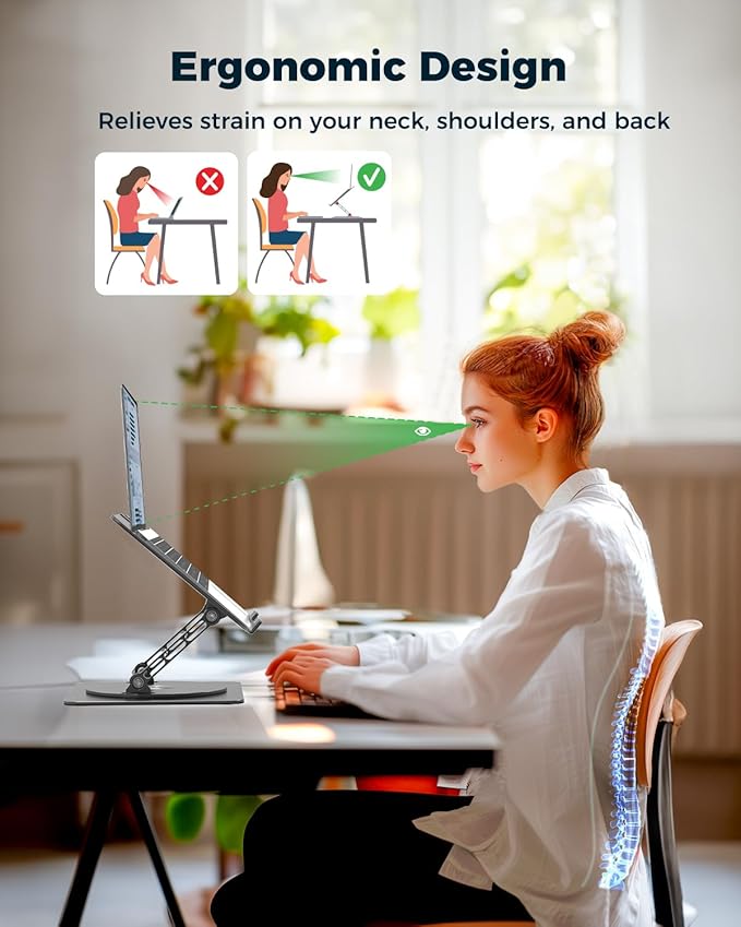 Aoviho 360° Rotating Laptop Stand for Desk | Adjustable, Foldable, Portable Aluminum Ergonomic Riser | Compatible with MacBook, Dell, HP & All Laptops 10-16 inch | Black