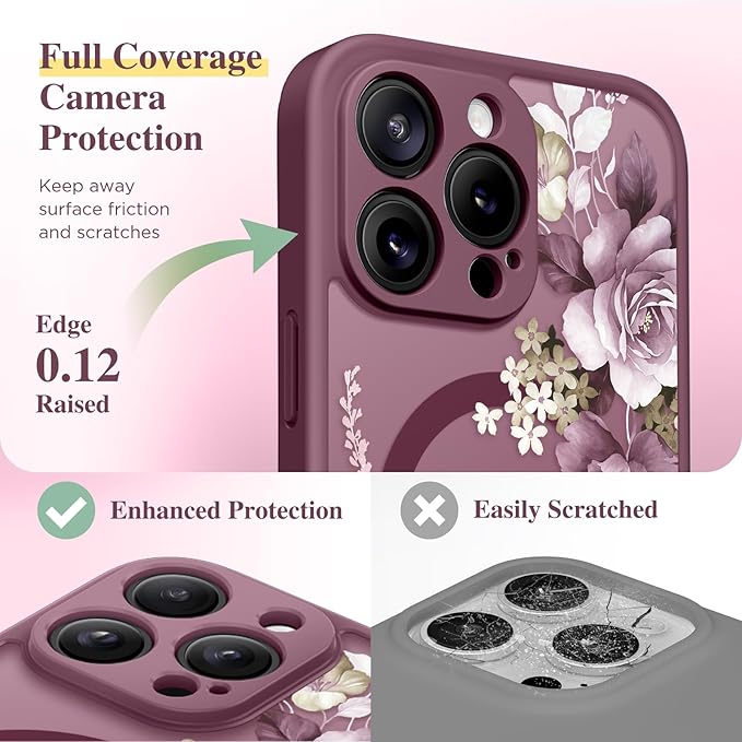 GVIEWIN for iPhone 15 Pro Case Compatible with MagSafe, [Military Grade Protection] [Screen Protector] Full Camera Protection Floral Translucent Women Magnetic Phone Case, Cherry Blossoms/Burgundy