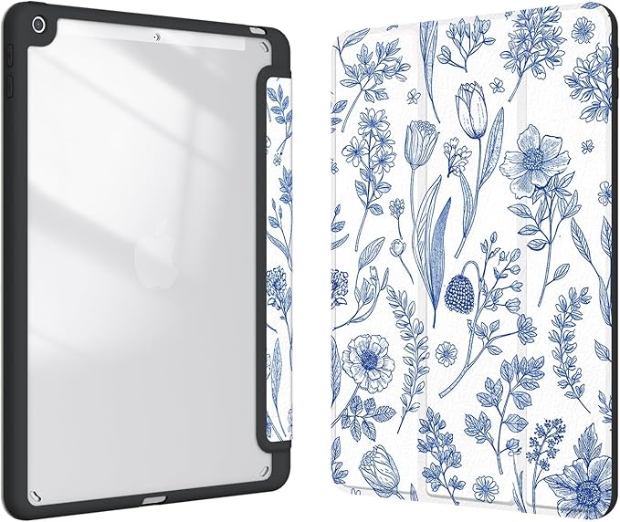 Case for iPad 9th / 8th / 7th Generation (2021/2020/2019) 10.2 inch, Case with Pencil Holder, Stand Clear Back Cover Cute Cool Design for Women Girls, Auto Sleep/Wake, Blue Flower
