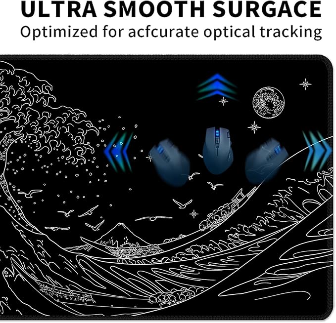 MEWOOCUE® Large Gaming Mouse Pad for Computer,Black Japanese Sea Wave Anime Mouse Mat,Long XXL Waterproof Keyboard Pads,Big Non-Slip Mouse Pads for Game Office Home（47.2 x 23.6 in）