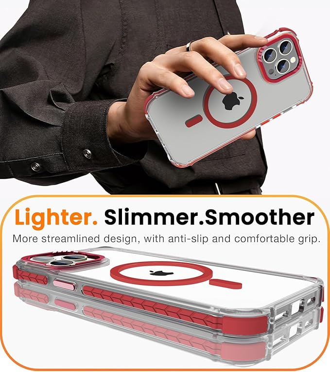 DEERLAMN Strong Magnetic Case for iPhone 15 Pro 6.1-Inch,[Compatible with Magsafe] Clear Slim Shockproof Protective Phone Cover for Women Men-Transparent+Red
