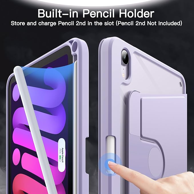 JETech Rotating Case for iPad mini (A17 Pro, 2024 Model, 7th Generation) / mini 6 (2021 Model, 6th Generation) with Pencil Holder, 360 Degree Rotation Protective Stand Cover Clear Back (Purple)