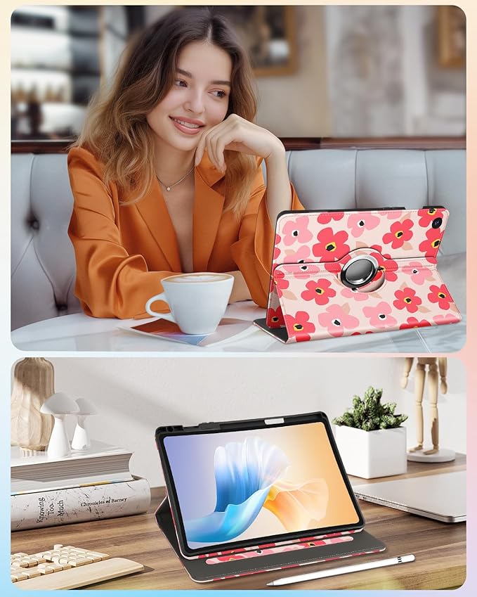 Kidcube for Samsung Galaxy Tab A9 Plus Case 11 Inch - for Women Girls Cute Rotating Stand Folio Cover with Pencil Holder & Card Slot Girly Kawaii Floral Flower Design for Samsung A9 Plus Tablet Cases