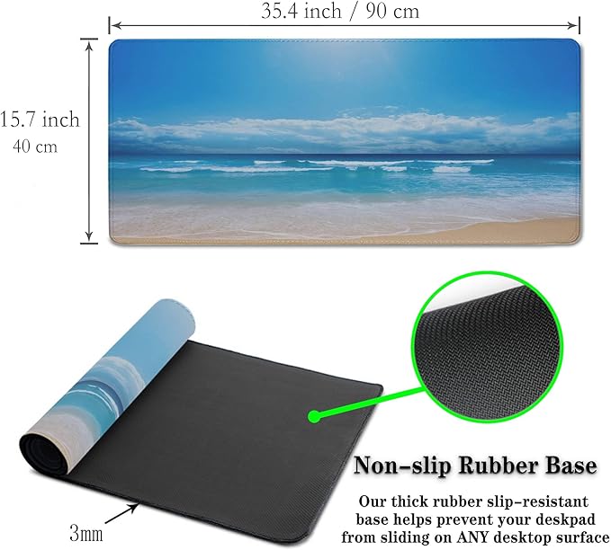 Desktop Mouse Pad Blue Full Desk Mat Large Mouse Pads Desktop Mats Large Mouse Mat Non-Slip Rubber Base Waterproof with Stitched Edges 35.4" X 15.7" for Game Office, Sea Water and Beach