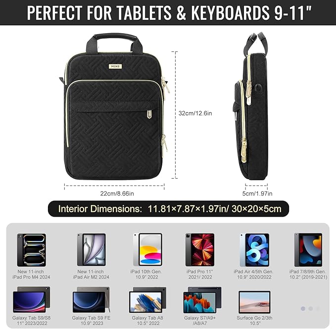 MoKo 9-11 Inch Puffer Tablet Sleeve Bag for New 11-inch iPad Air M4 2026 & iPadPro M5, iPad 10th/Air 5/4th 10.9, 7/8/9th 10.2, 360° Edge Protection Puffy Bag with Handle & Shoulder Strap, Black