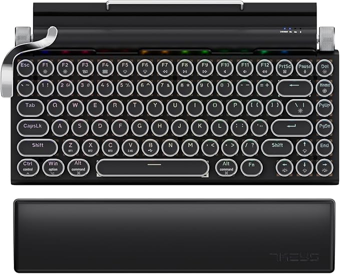 7KEYS Typewriter Keyboard Wireless Retro Style, Vintage Classical Mechanical Keyboard with Bluetooth for IPAD PC/Laptop Mac/Phone (Black+Wrist)