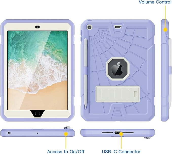 SIBEITU iPad 6th Generation Cases for Kids | iPad 5th Generation Case 9.7 inch w/Pencil Holder iPad 9.7 Case w/Stand for Boys Girls | Heavy Duty Rugged iPad Case for 6th/5th 2018/2017 Purple