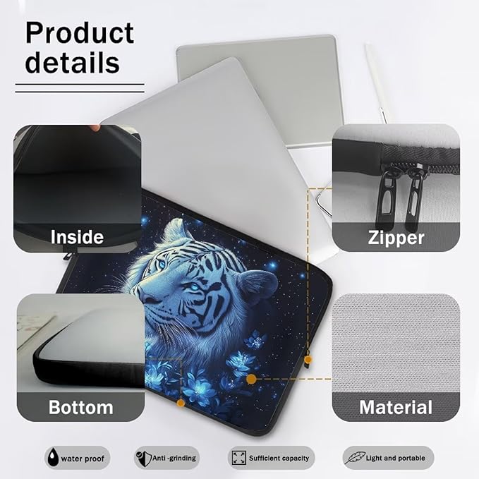 Tiger Laptop Protective Sleeve for Women 13inch Lap Top Case Portable Computer Sleeve Slim Laptop Protector Flower Zippered Pouches for Travel Office Business Laptop Carrying Case Black