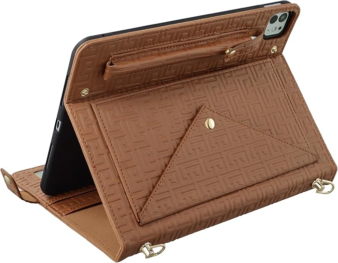 Handbag Case for iPad Pro 11-inch 2025 M5/2024 M4, Techcircle Elegant Crossbody PU Leather Folio Envelope Pocket Stand Cover with Hand Strap+Shoulder Strap+Pencil Holder+Card Slots, Brown