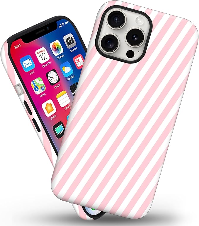 Magnetic for iPhone 13/14 Case Cute Diagonal Stripes Phone Case, Shockproof Slim TPU and Hard PC Protective Phone Cover Compatible with MagSafe Designed for Women Girls,Pink