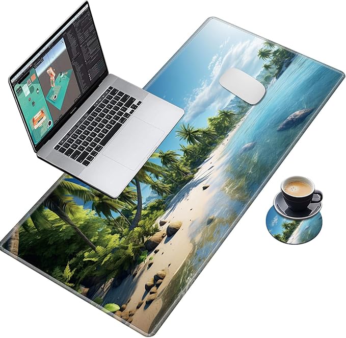 Desk Mat, Multifunctional Desk Pad for Keyboard and Mouse, with Cute Coasters and Mandala Stickers with Stitched Edges Non Slip Base Laptop Mouse pad for Office and Home, Seaside Tropical Palm Tree