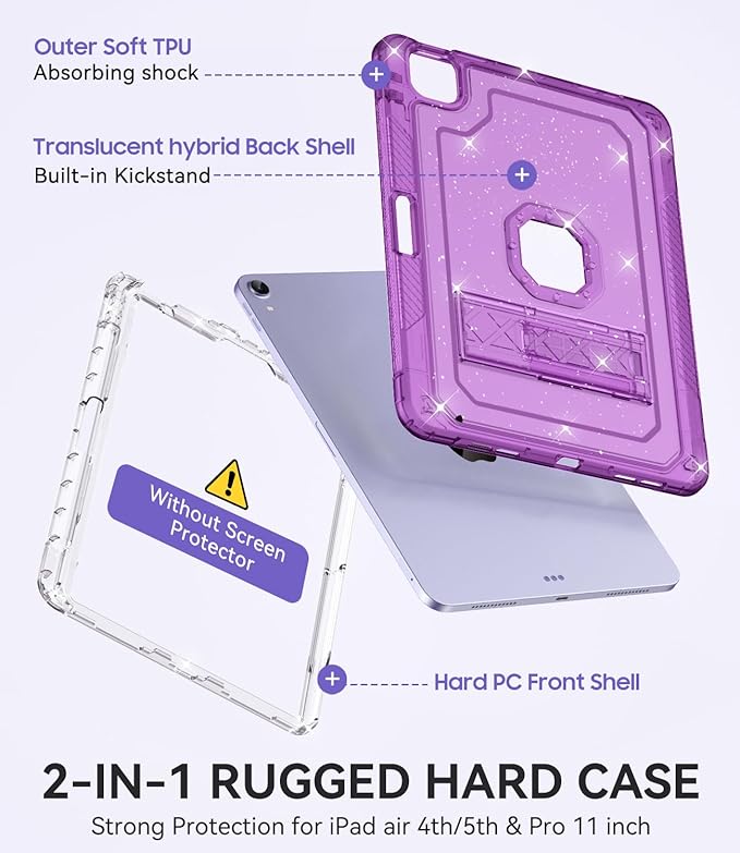 ZoneFoker Case for iPad Air 5th/4th Generation Case (2022/2020) 10.9'', for iPad Pro 11 Inch (4th/3rd/2nd/1st Gen), Hard Sturdy Slim Cover for iPad Air 5 4 th with Pencil Holder/Stand, Purple Glitter