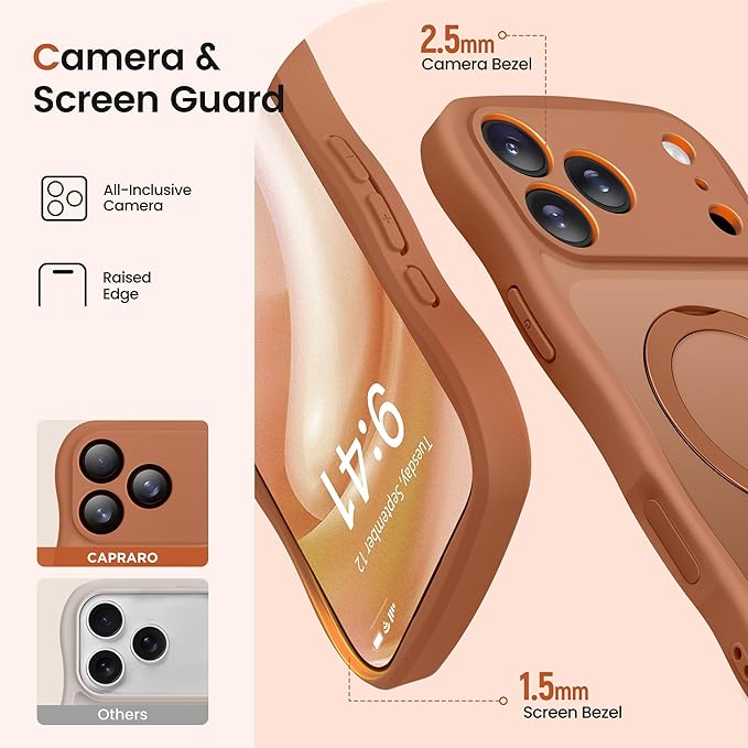 CAPRARO for iPhone 17 Pro Case with 360° Spin Magnetic Stand for Women, [Compatible with MagSafe] [Full Camera Protection] Cute Wave Translucent Matte Case for iPhone 17 Pro, Cosmic Orange