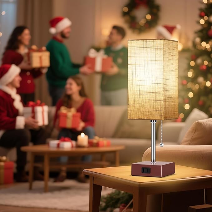 PLMMY Bedside Table Lamp for Bedroom Nightstand, 3 Color Pull Chain Nightstand Lamps Set of 2 with AC Outlets, Square Gray Lampshade Bedside Lamp for Living Room, Office Desk, LED Bulb Included