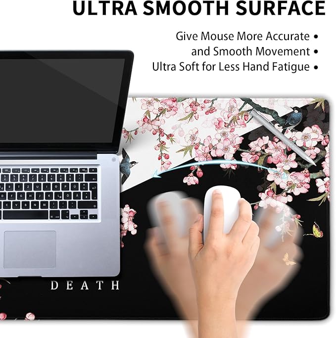Black and White Cherry Blossom Gaming Mouse Pad XL，Extended Large Mouse Mat Desk Pad,Japanese Pink Sakura Death Life Long Non Slip Rubber Base Mice Pad 31.5 X 11.8 Inch