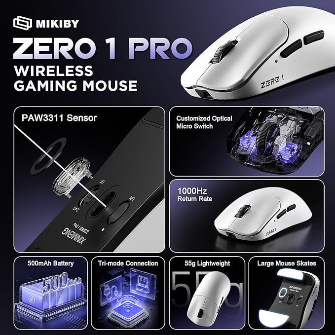 Zero 1 Pro Gaming Mouse,55g Ultralight Wireless Mouse, PAW3311 12K DPI, Tri-Mode 2.4G/Bluetooth/USB-C,Programmable Ergonomic Design,for Laptop/PC/Mac(White)