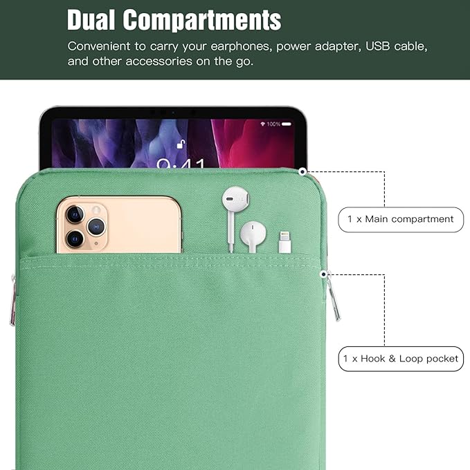 TiMOVO 9-11" Tablet Sleeve Bag for iPad 11-inch A16 2025, iPad 10.9"/10.2"| Air 11 Inch/5th/4th Gen. 10.9", Galaxy Tab A9+/A11Plus 11", Protective Bag Fit Smart Keyboard, Bodhi Green