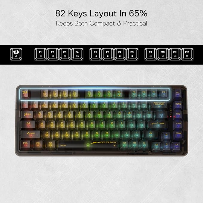 Redragon K649 PRO 78% Wireless Gasket RGB Gaming Keyboard, 3-Modes 82 Keys Full-Transparent Mechanical Keyboard w/Hot-Swap Socket, Noise Dampening Layer x 5, Translucent Custom Switch