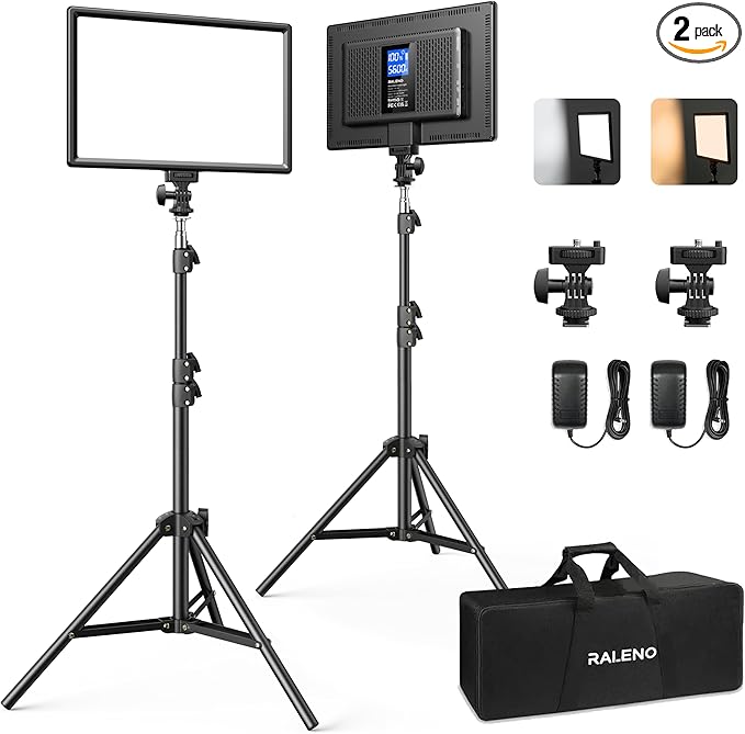 RALENO 13" Edge-Lit LED Video Light Panel Kit (2-Pack), Bi-Color 2500K-6500K Soft Studio Lights with CRI 95+, 75" Stand & 8000mAh Battery, Photography Light for Streaming/Zoom/YouTube/Makeup