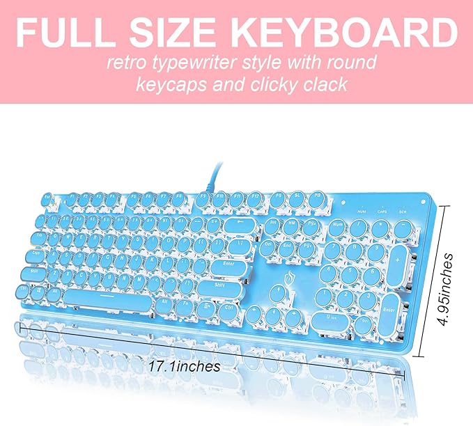 YSCP Typewriter Style Mechanical Gaming Keyboard White Backlit Wired with Blue Switch Retro Round Keycap 104 Keys Keyboard (Blue)