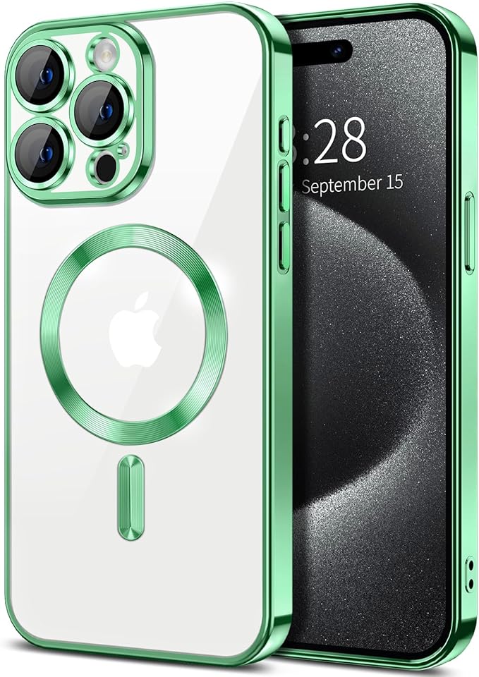 Hython Magnetic Clear for iPhone 15 Pro Max Case with Camera Lens Protector [Compatible with MagSafe] Plating Edge Slim Soft TPU Cover Protective Phone Case for iPhone 15 Pro Max 6.7", Light Green