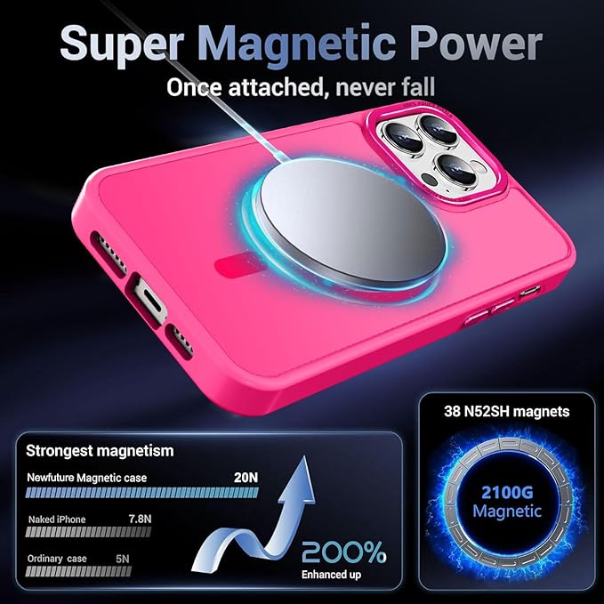 Newfuture Designed for iPhone 14 Pro Case with Magnetic [13 FT Military Drop Protection] [Compatible with Magsafe] Slim Translucent Matte Shockproof with Anti-Fingerprint Phone Case, Hot Pink
