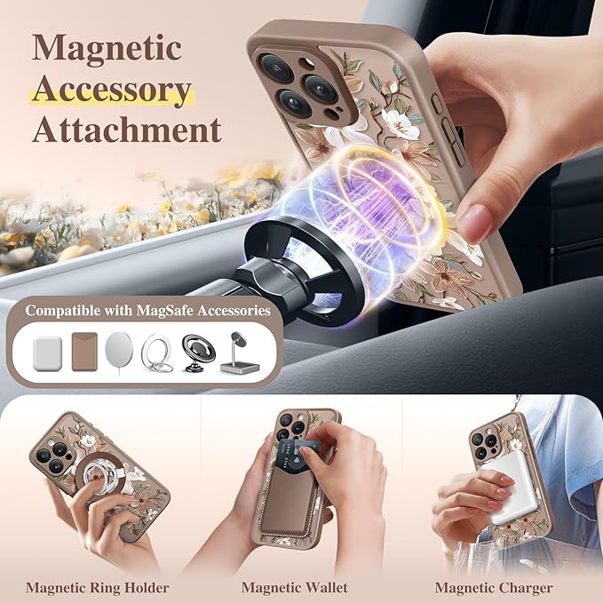 GVIEWIN for iPhone 16 Pro Max Case Compatible with MagSafe, [Military Grade Protection] [Screen Protector] Full Camera Protection Floral Translucent Women Magnetic Phone Case, Dogwood/Brown