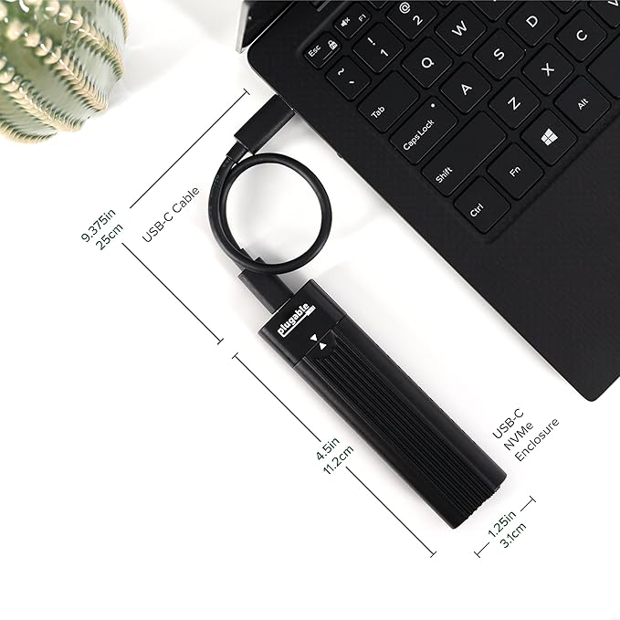 Plugable M.2 NVMe SSD Enclosure; Tool-Free & Driverless, USB 3 Type-C, Including Thunderbolt and USB4, at 10Gbps. for M.2 NVMe SSDs 2230 to 2280 PCIe Gen 3 and 4. USB Cables Included